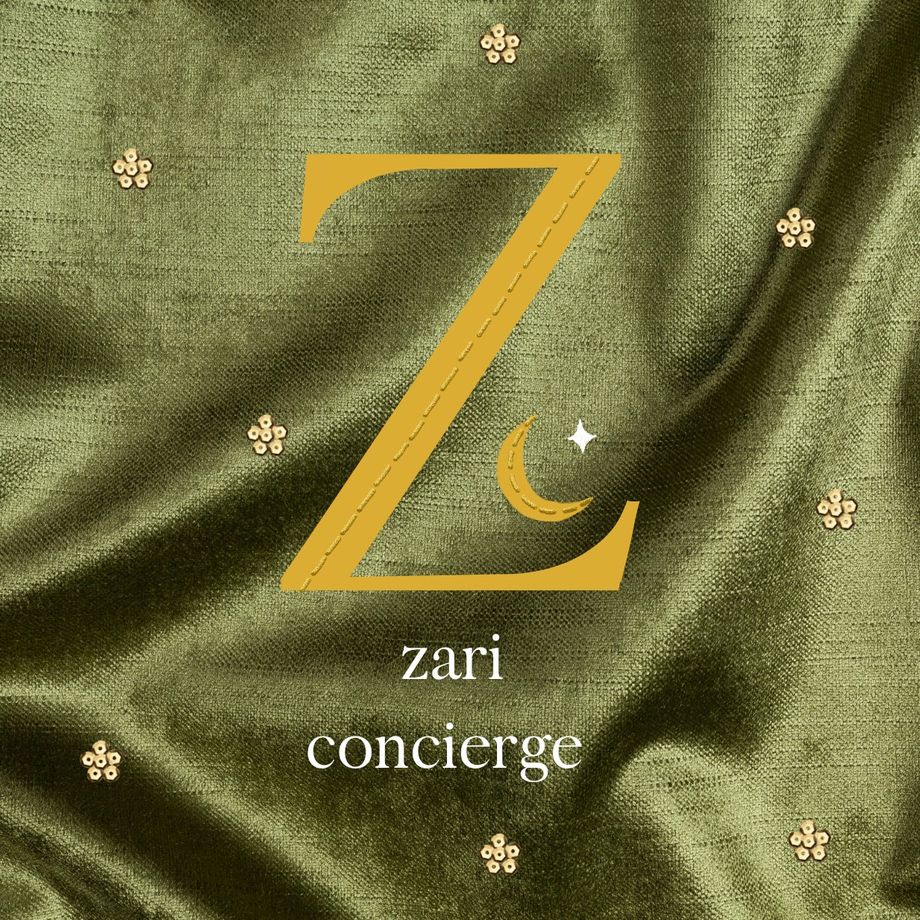 Gold embroidered Z with crescent and star on olive velvet
